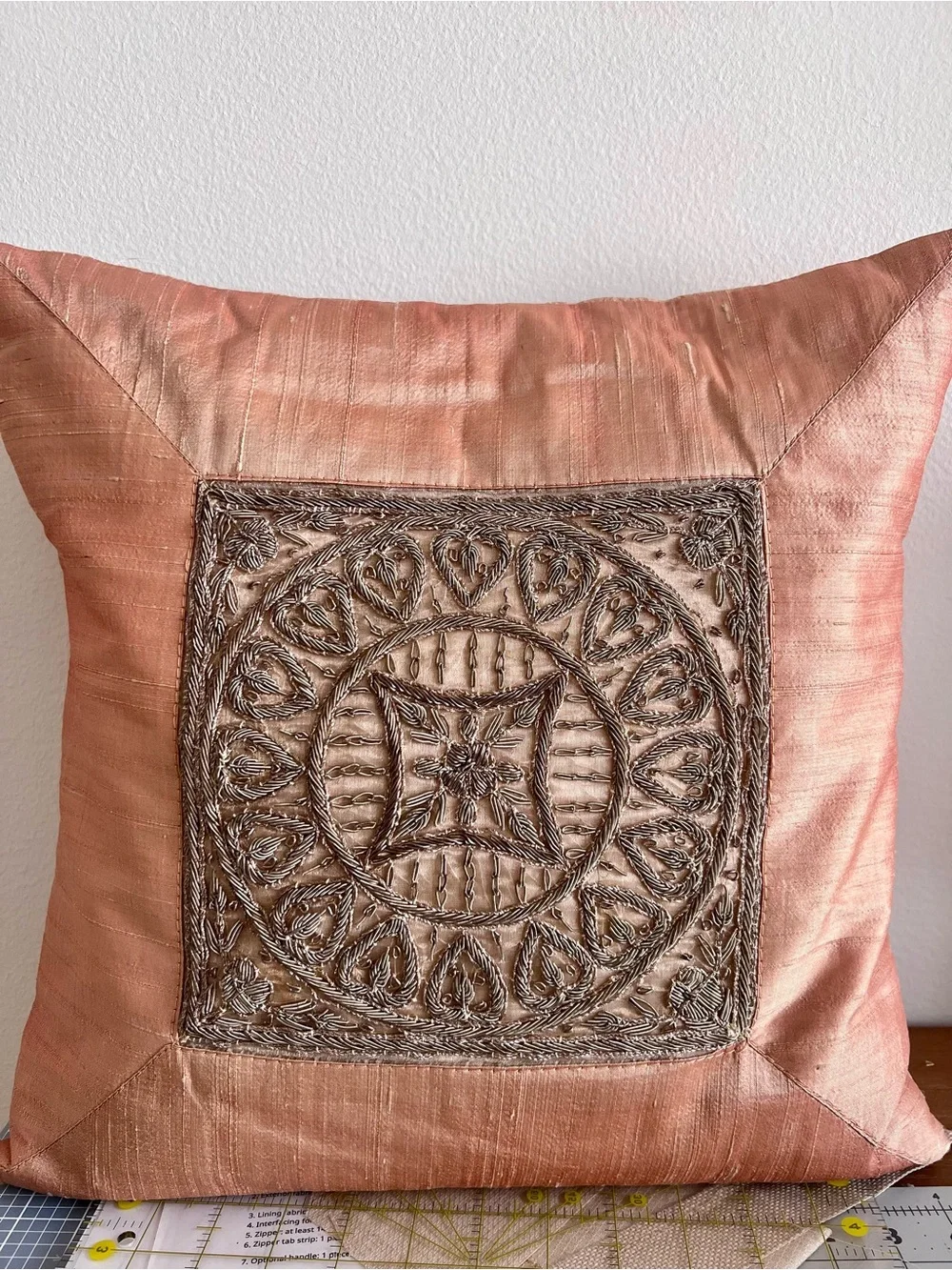 Embroidered Metallic Peach Throw Pillow - MISSING ZIPPER (see photos)